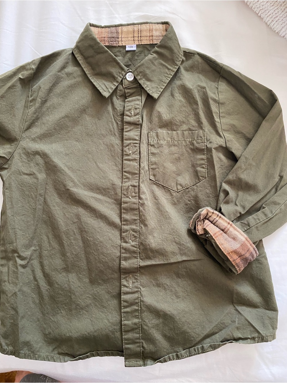 Kids Olive Green Button-Down Shirt with Plaid Trim